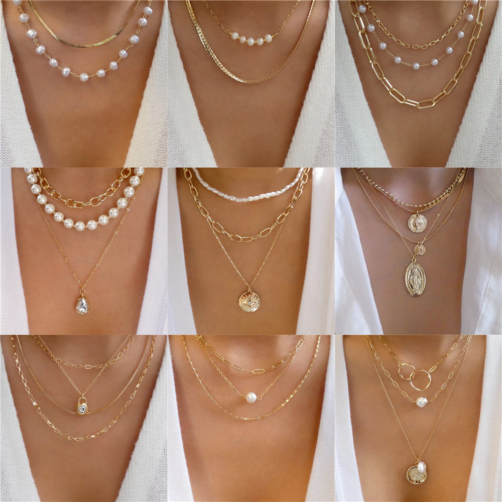 Pearl Choker Necklace Vintage - Collar multicapa de cristal con cuentas