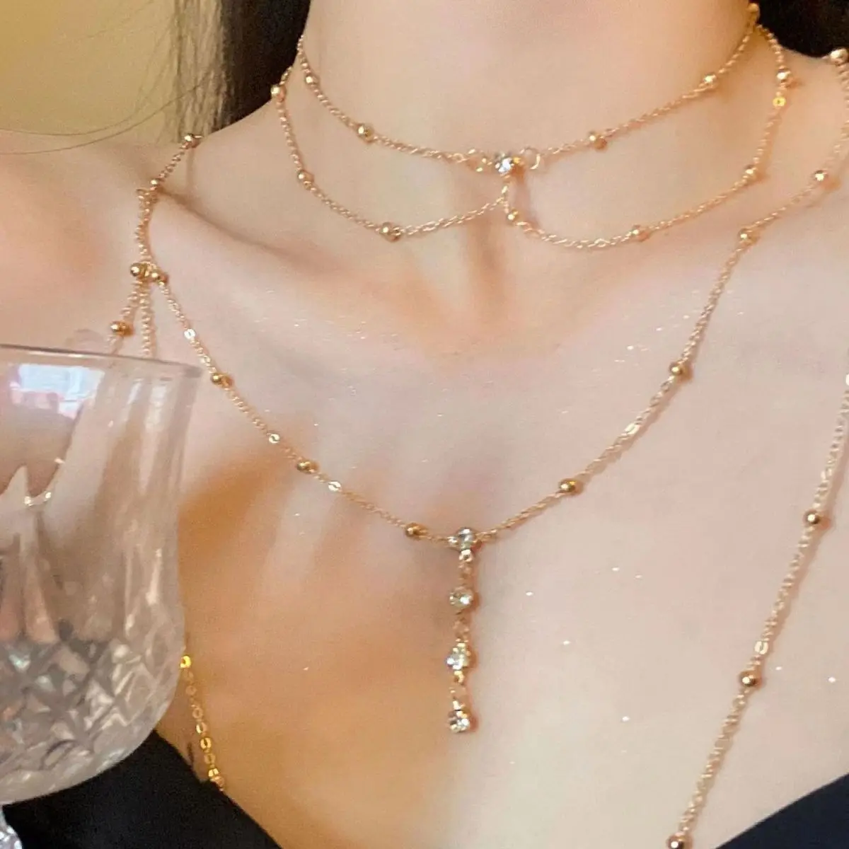 Layered Pendant Necklace Aesthetic - Cadena de cuerpo de diamantes de
