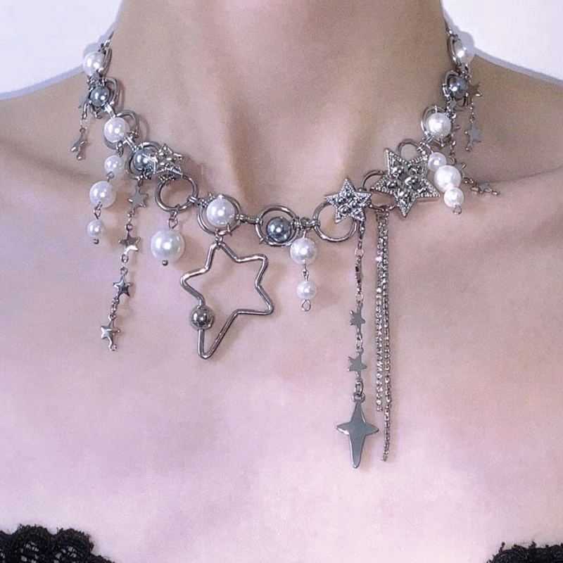 Pearl Choker Necklace Vintage - Y2K joyería perla empalme estrella cadenas